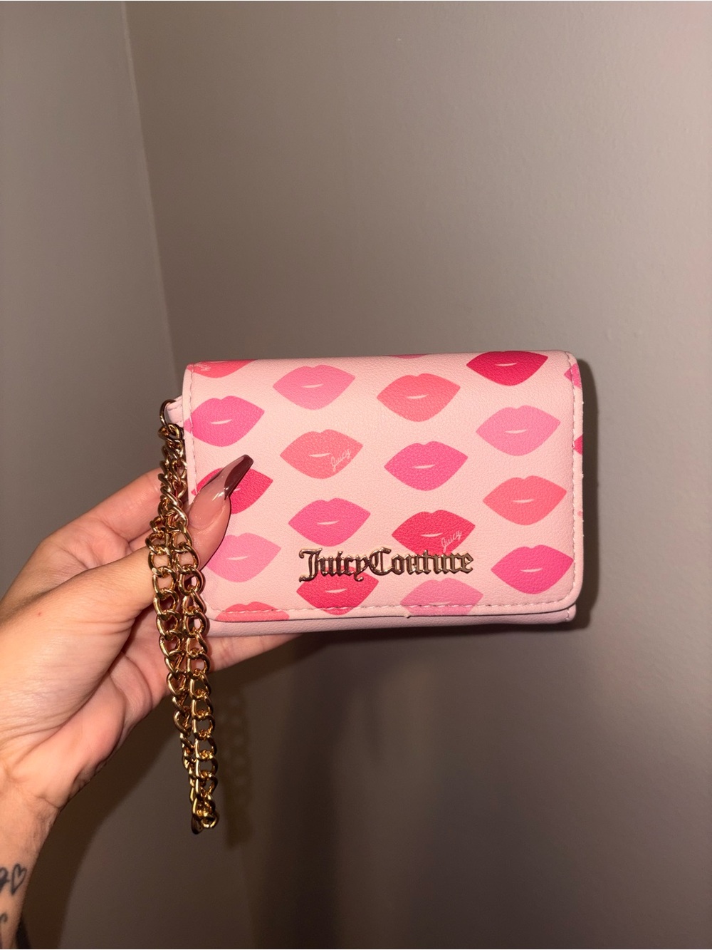 Juicy Couture Pink Lip-Print Chain Wallet